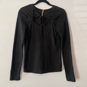 Free People Black Bow Coquette Long Sleeve Shirt Peep Feminine Women size Large